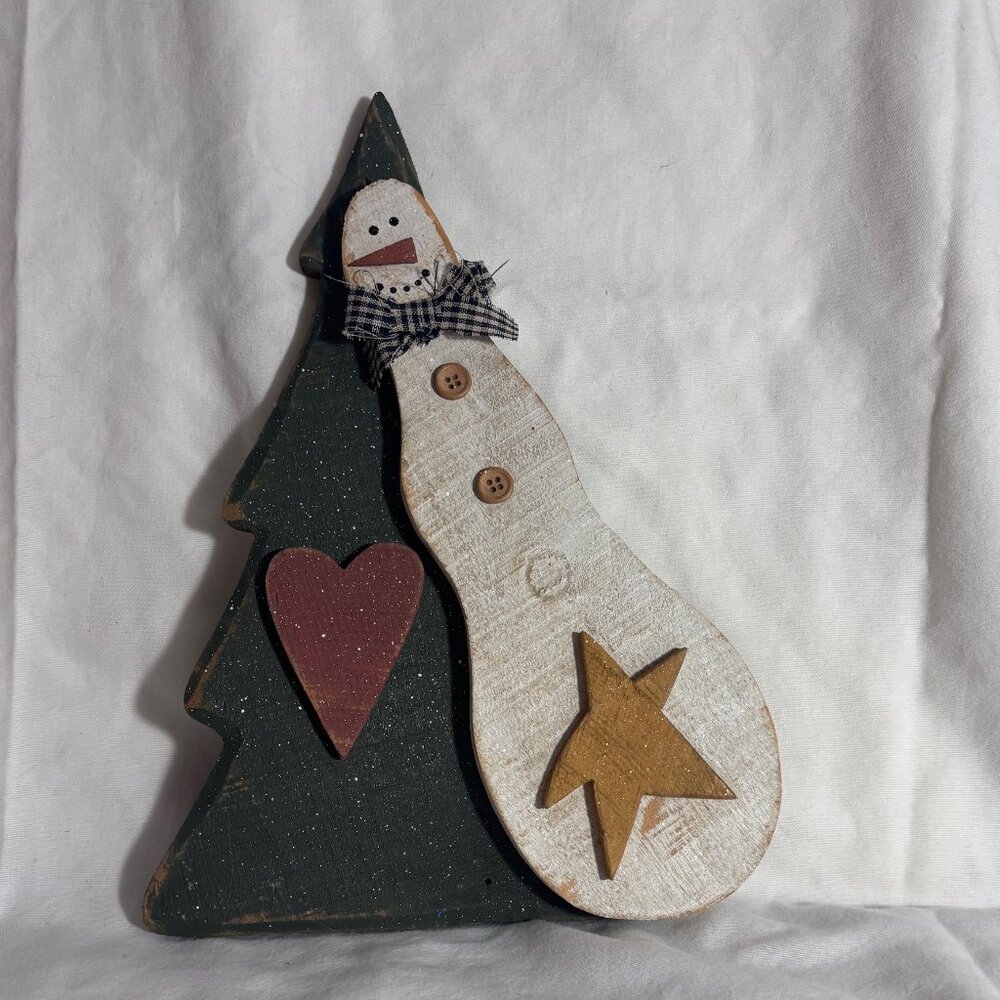 Vintage Rustic Primitive Handmade Snowman with Tree